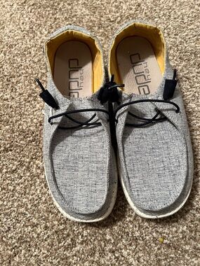 Hey Dude Gray Canvas Slip-Ons with Yellow Interior and Black Laces